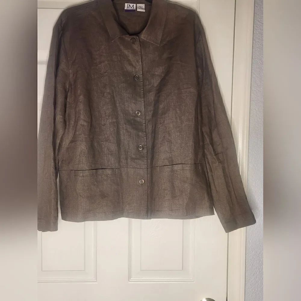 JM Collection XL Lngslv Peanut Brown 100% LINEN Pockets Buttons Up Women Jacket